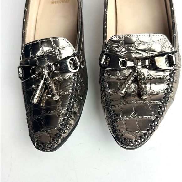 Stuart Weitzman Metallic Croc Embossed Topstitch Moccasin Loafer With Tassel 7,5 - Picture 11 of 16